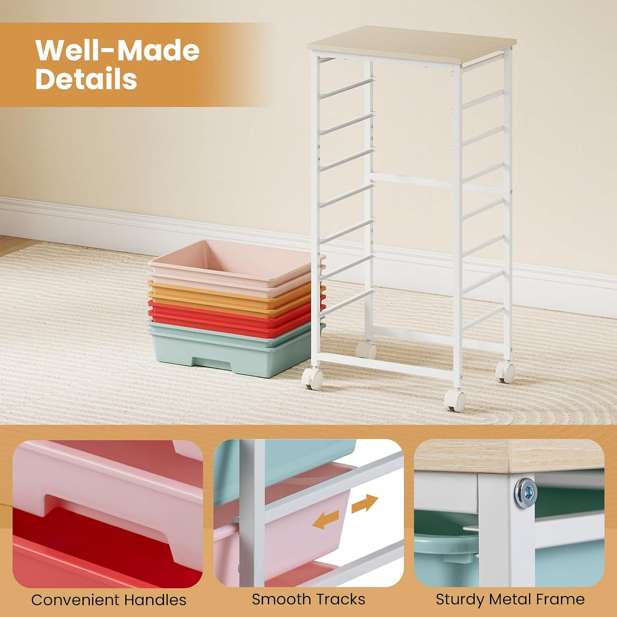 GOFLAME Rolling Storage Cart with Wooden Top, Macaron Color