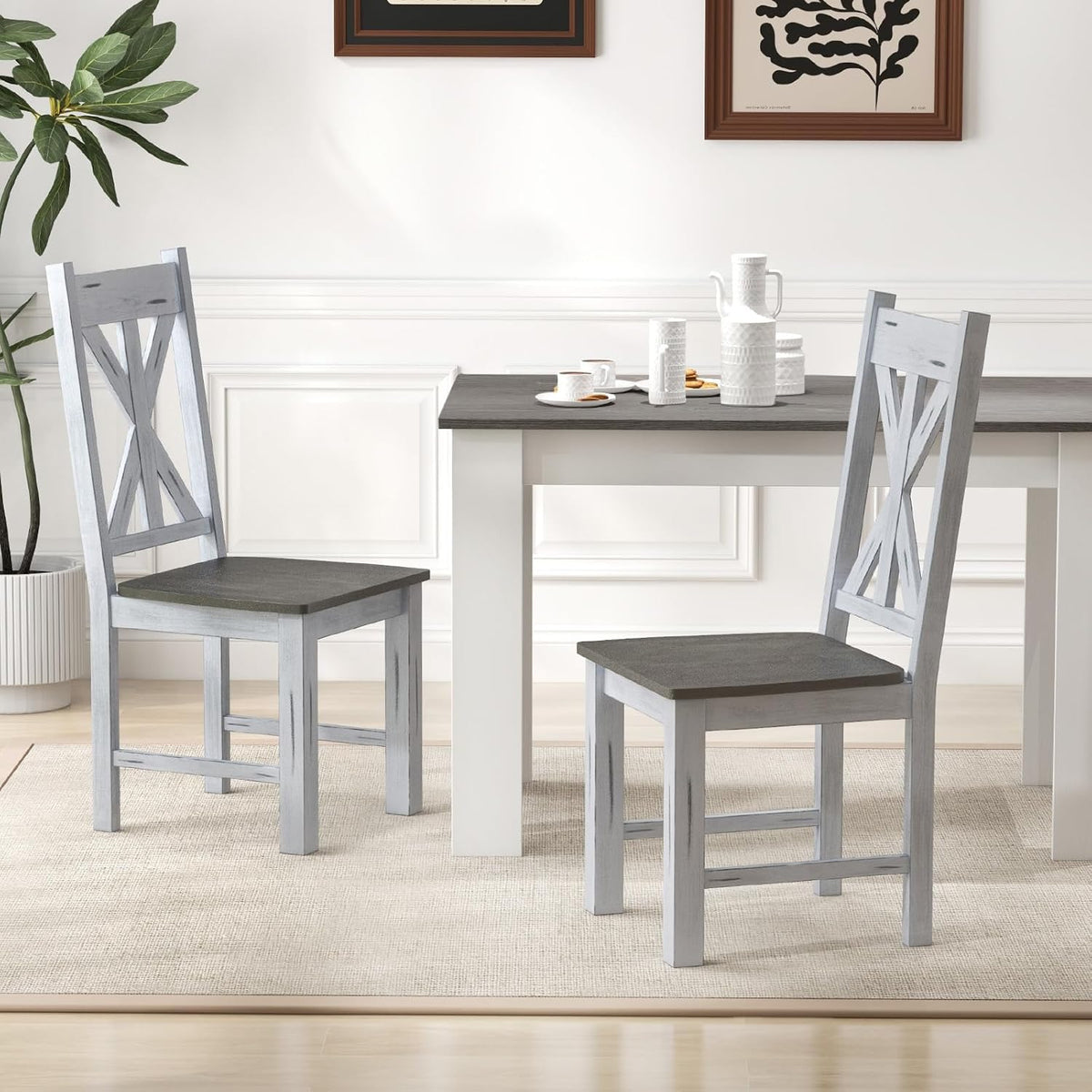 Goflame Retro Wooden Dining Chairs Set, Farmhouse Kitchen Chairs w/Rubber Wood Frame, Elegant Hollowed Backrest