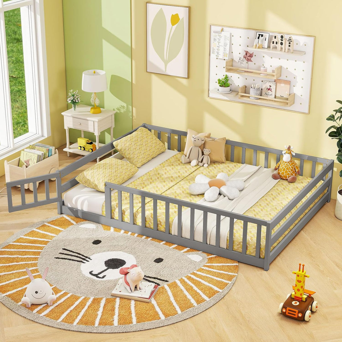 Goflame Floor Bed with Door & Fence Kids Wood Montessori Beds with Safety Guardrails