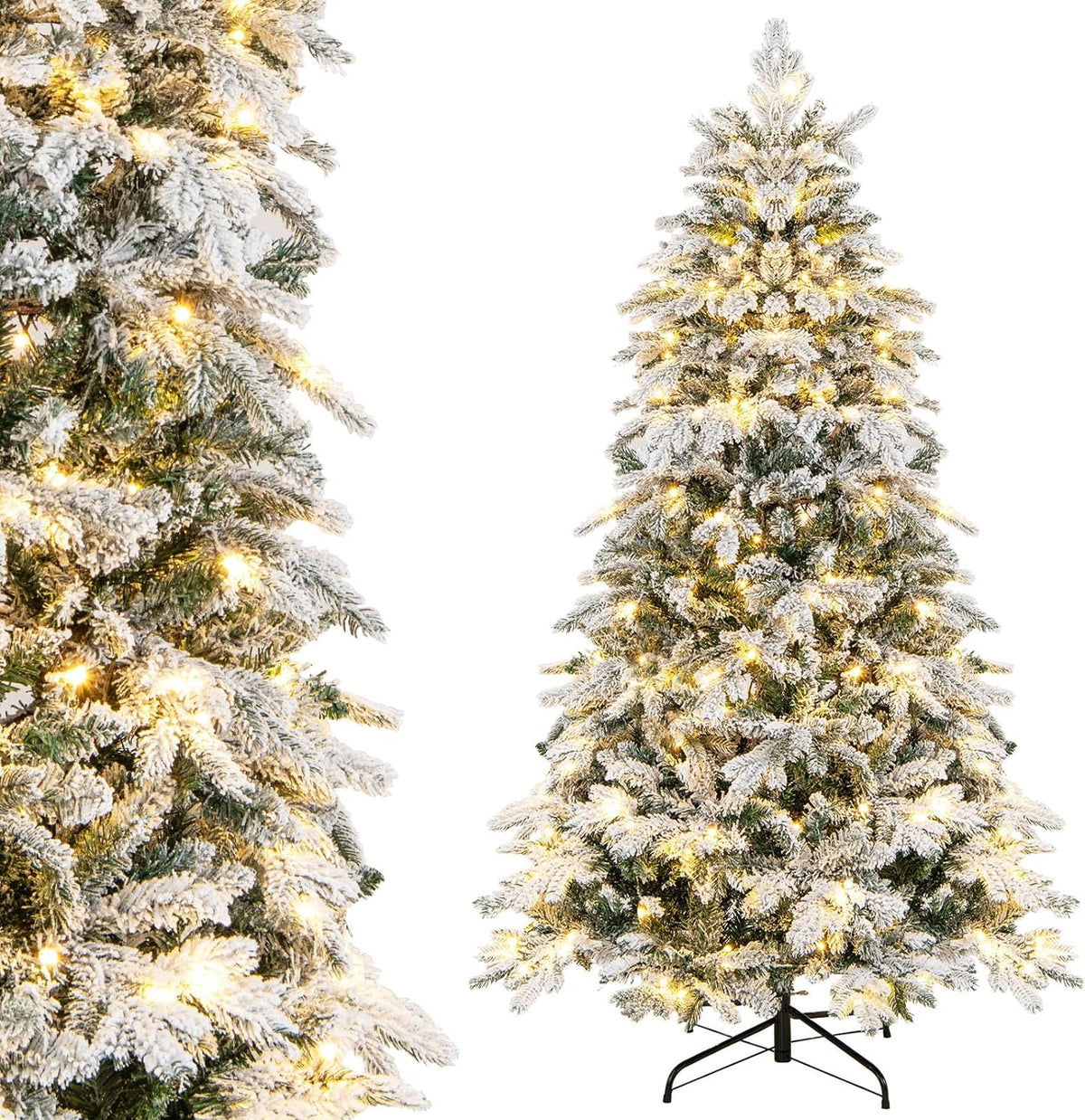 Goflame Pre-Lit Snow Flocked Christmas Tree, Artificial Hinged Xmas Tree with Branch Tips, PE & PVC Mixed Leaves
