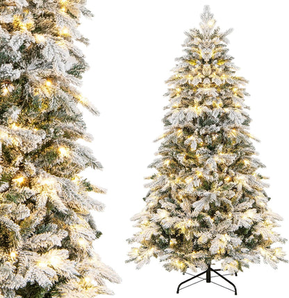 Goflame Pre-Lit Snow Flocked Christmas Tree, Artificial Hinged Xmas Tree with Branch Tips, PE & PVC Mixed Leaves