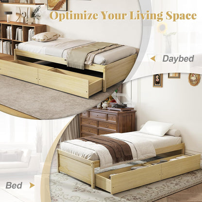 Goflame Queen/Full/Twin Size Bed Frame with 2 Storage Drawers, Solid Wood Platform Bed with Slats Support