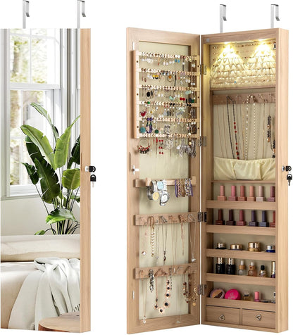Jewelry Cabinet Wall Door Mounted, 47.5” Frameless Full Length Mirror with Storage & LED Lights