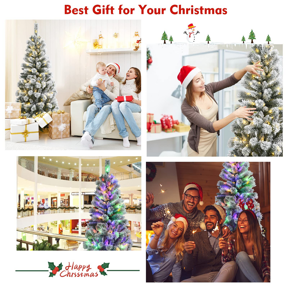 Goflame Snow Flocked Christmas Tree, Premium Hinged Artificial Pine Tree, Remote Controller, Xmas Full Tree for Indoor - GoflameUS