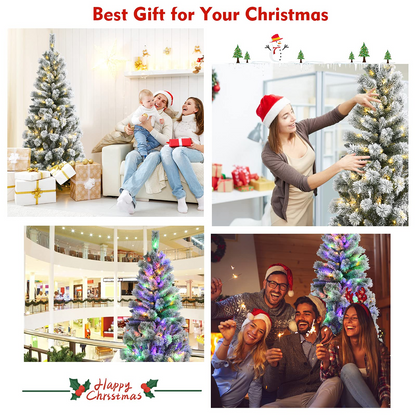 Goflame Snow Flocked Christmas Tree, Premium Hinged Artificial Pine Tree, Remote Controller, Xmas Full Tree for Indoor - GoflameUS