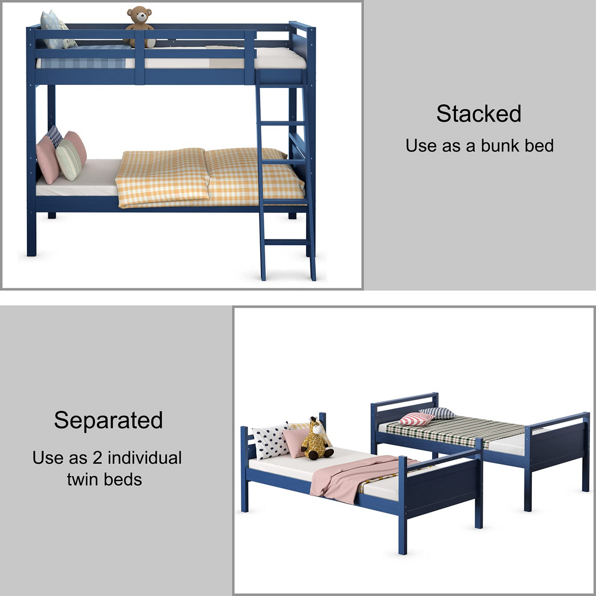 Goflame Twin Over Twin Bunk Bed, Solid Wood Twin Bunk Bed Convertible Into Two Individual Beds