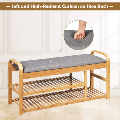 Goflame Shoe Rack Bench, Entryway 3-Tier Bamboo Shoe Organizer with Cushion (Natural and Grey)