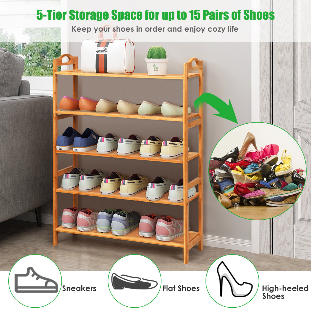 Bamboo Shoe Rack 5 Tier, Freestanding Shoe Rack - Goflameus
