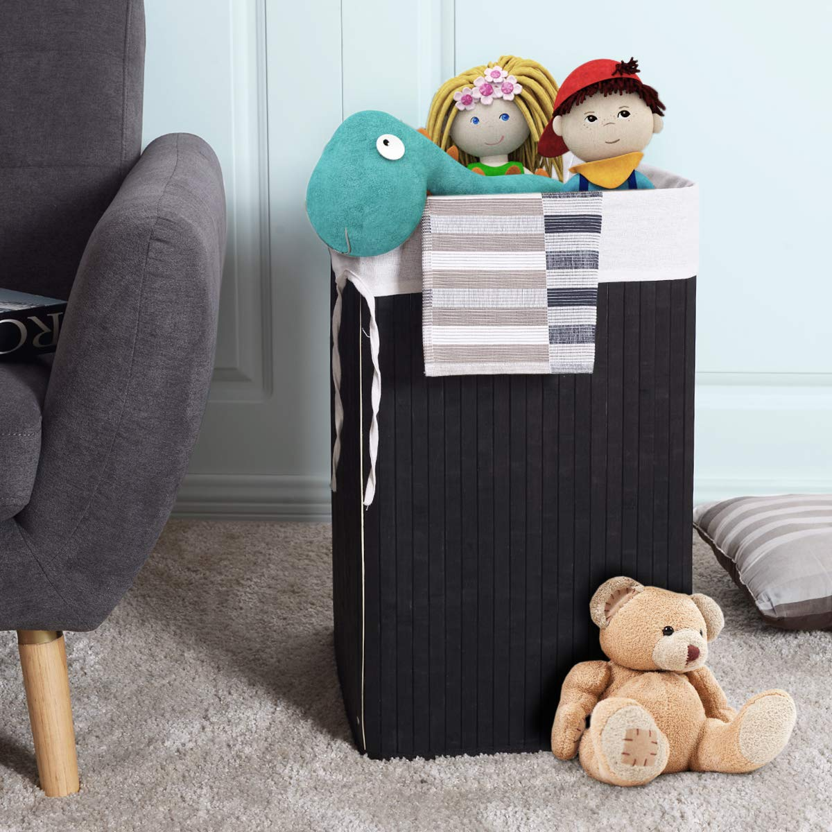 Goflame Corner Laundry Hamper with Lid, Bamboo Laundry Basket with Removable Liner and Handle