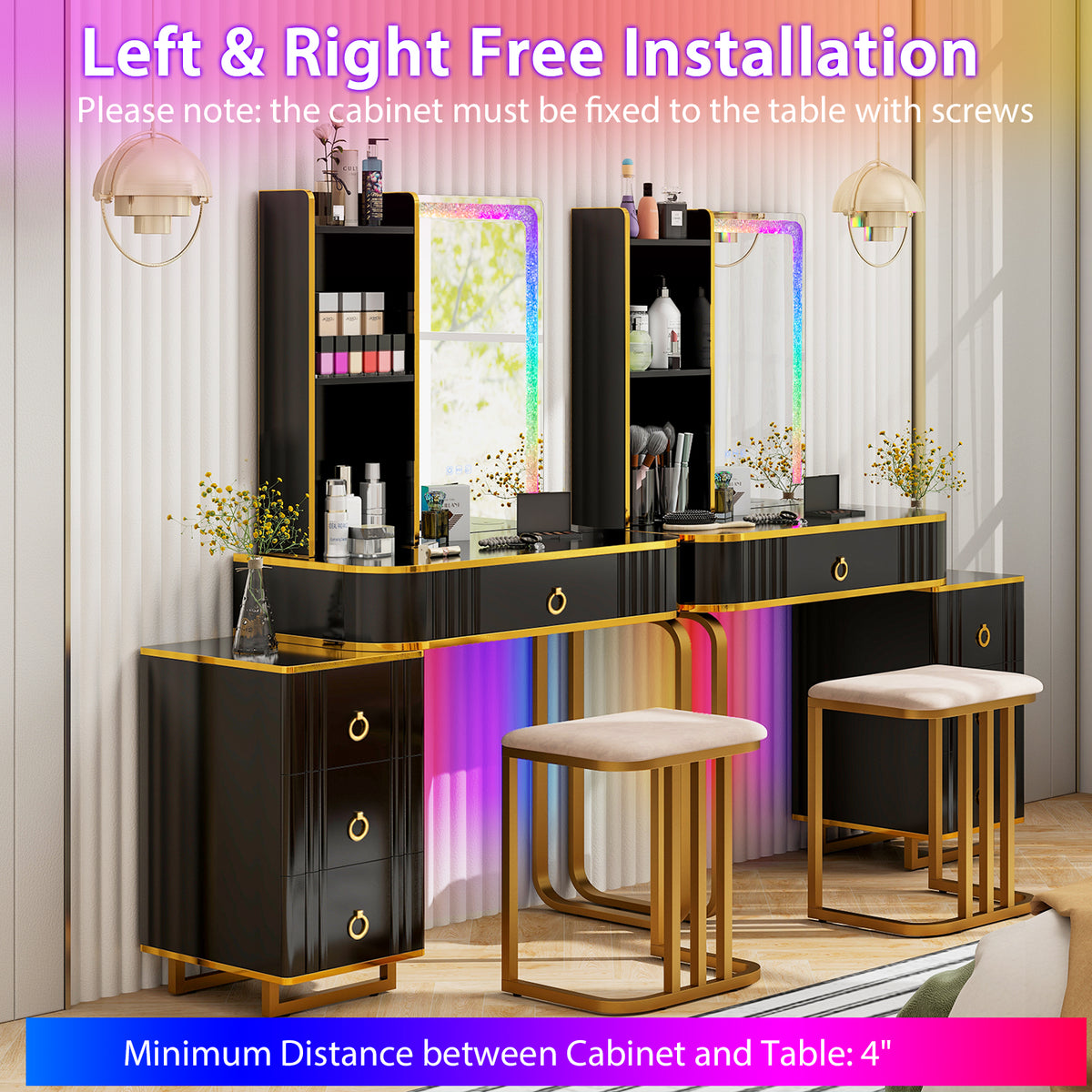 RGB Vanity Table Set with Mirror and Lights, Makeup Vanity Desk with Dimmable LED Lights