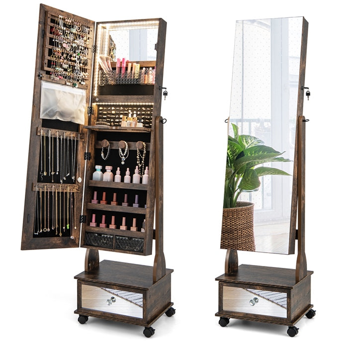 Standing Jewelry Cabinet Armoire with Wheels, Lockable Jewelry Storage Organizer with Full Length Mirror