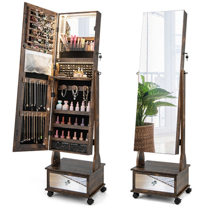 Standing Jewelry Cabinet Armoire with Wheels, Lockable Jewelry Storage Organizer with Full Length Mirror