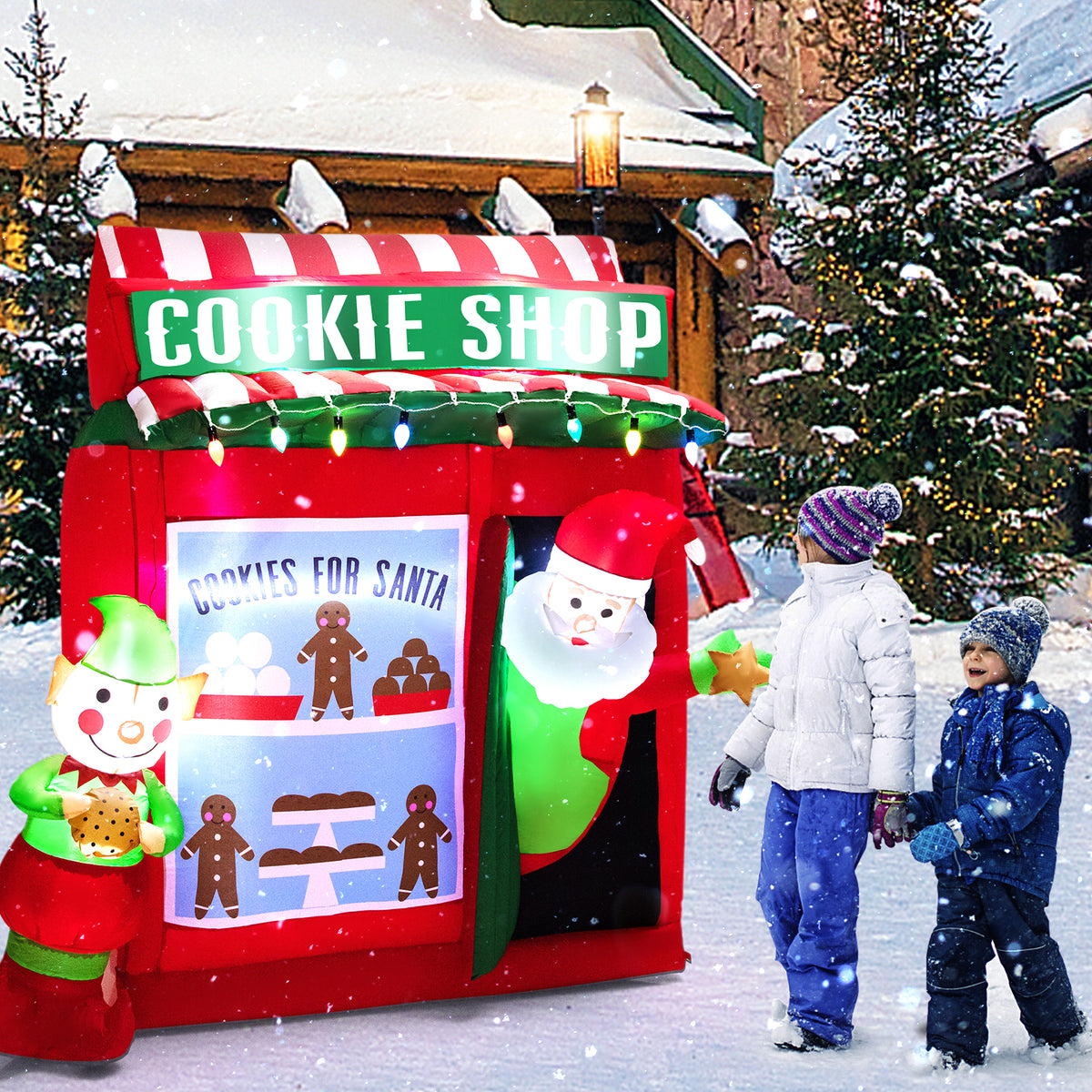 6.5 FT Christmas Inflatable Santa Claus, Outdoor Self-Inflatable Holiday Decoration with Cookie Shop