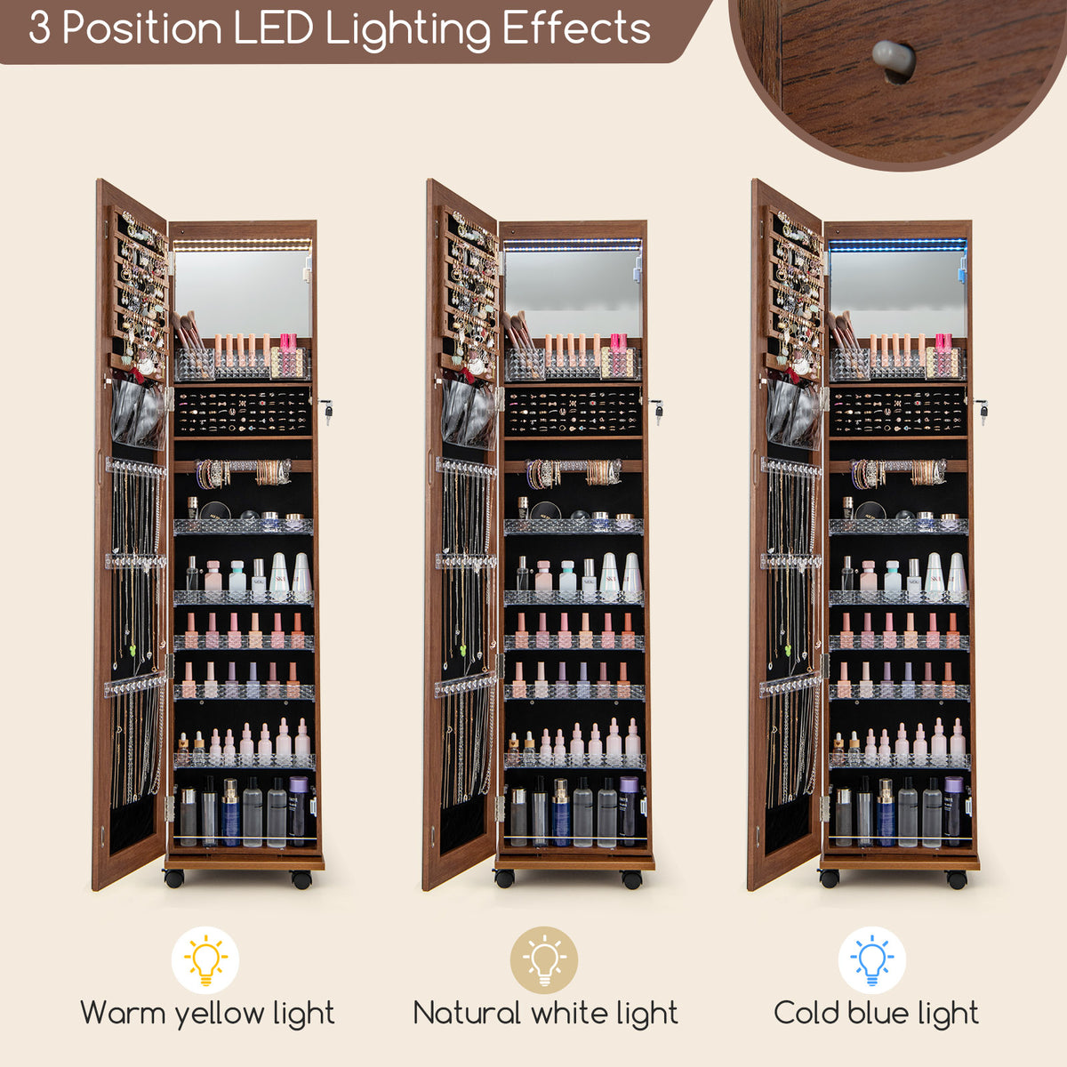 Jewelry Cabinet with Full Length Mirror, Lockable Jewelry Storage Organizer with Wheels