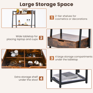 Vanity Table Set with Flip Top Mirror, Ladder Vanity Desk and Cushioned Stool Set with Shelves and Hidden Storage Compartments