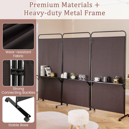3 Panel Room Divider with Storage Shelves, 6FT Folding Privacy Screen with Lockable Wheels
