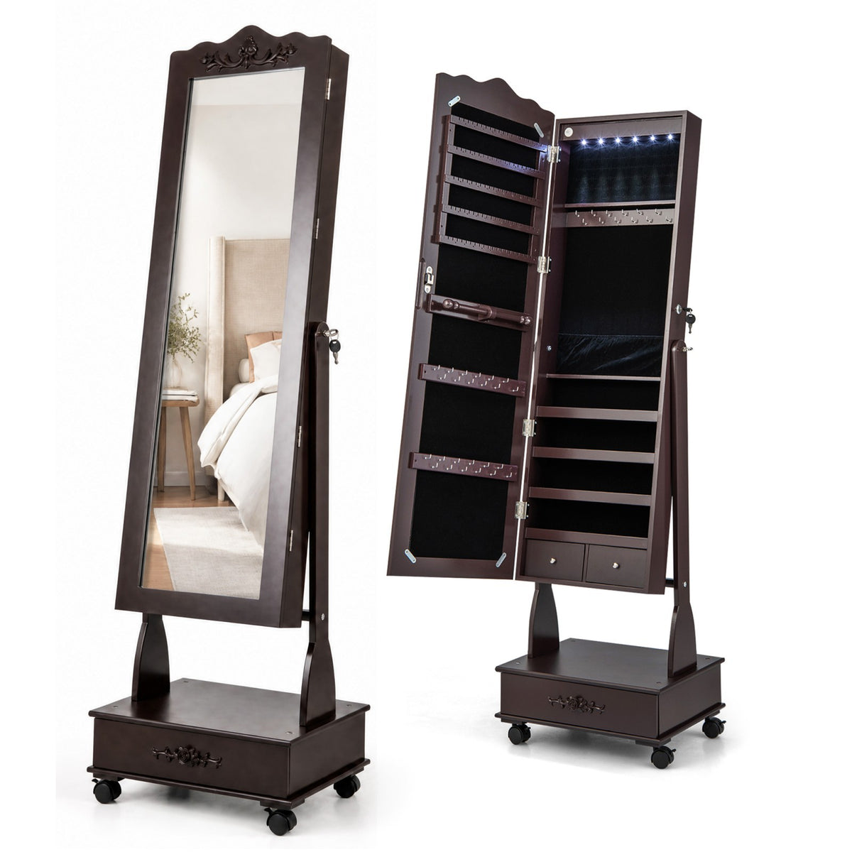 Jewelry Cabinet Armoire Freestanding, Lockable Jewelry Organizer with 3-position Adjustable Angle