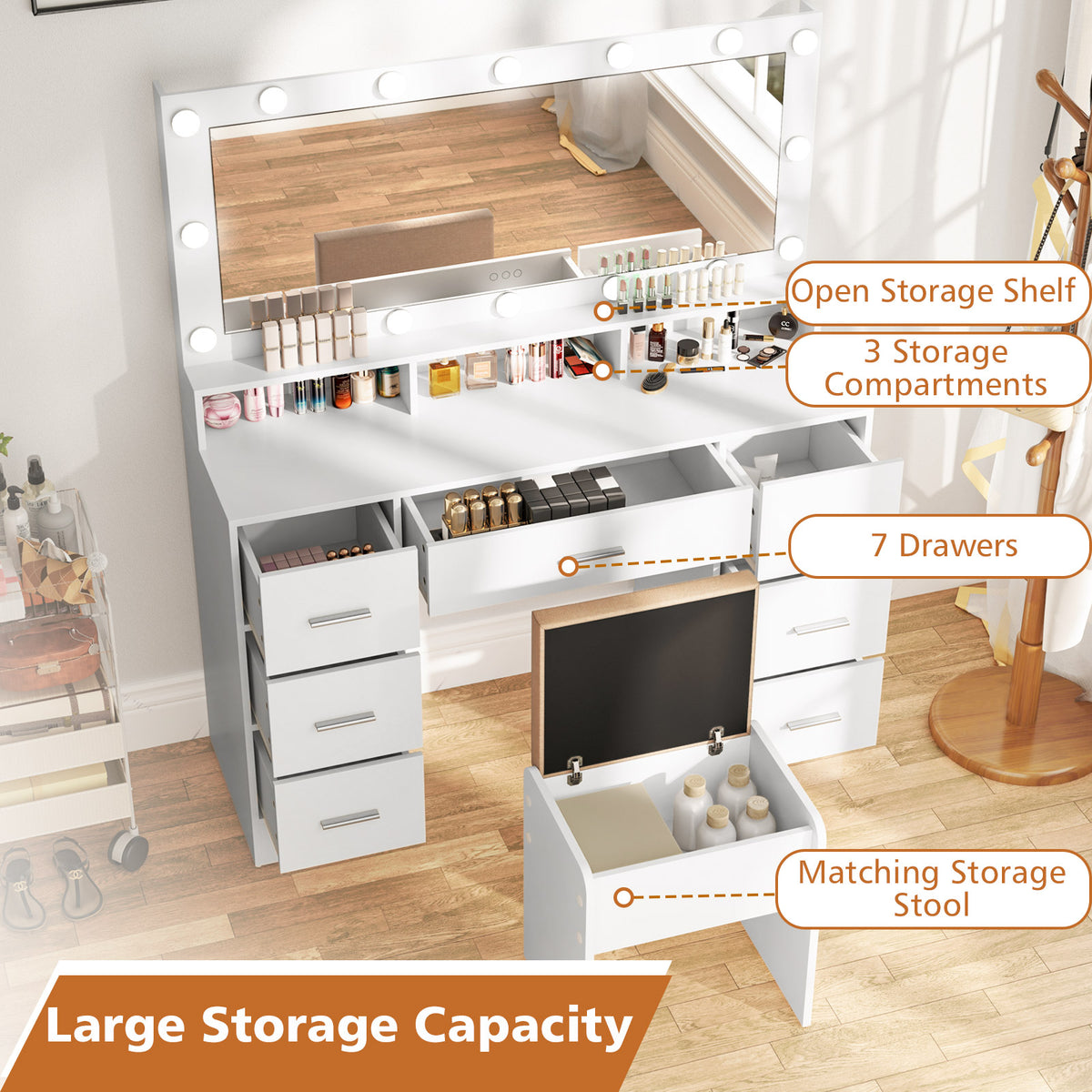 Makeup Vanity Set with Mirror and Lights, Large Dressing Table Set with Charging Station