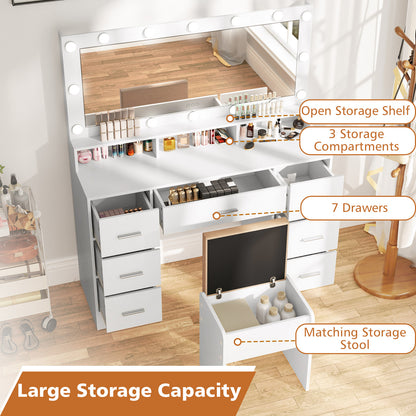 Makeup Vanity Set with Mirror and Lights, Large Dressing Table Set with Charging Station