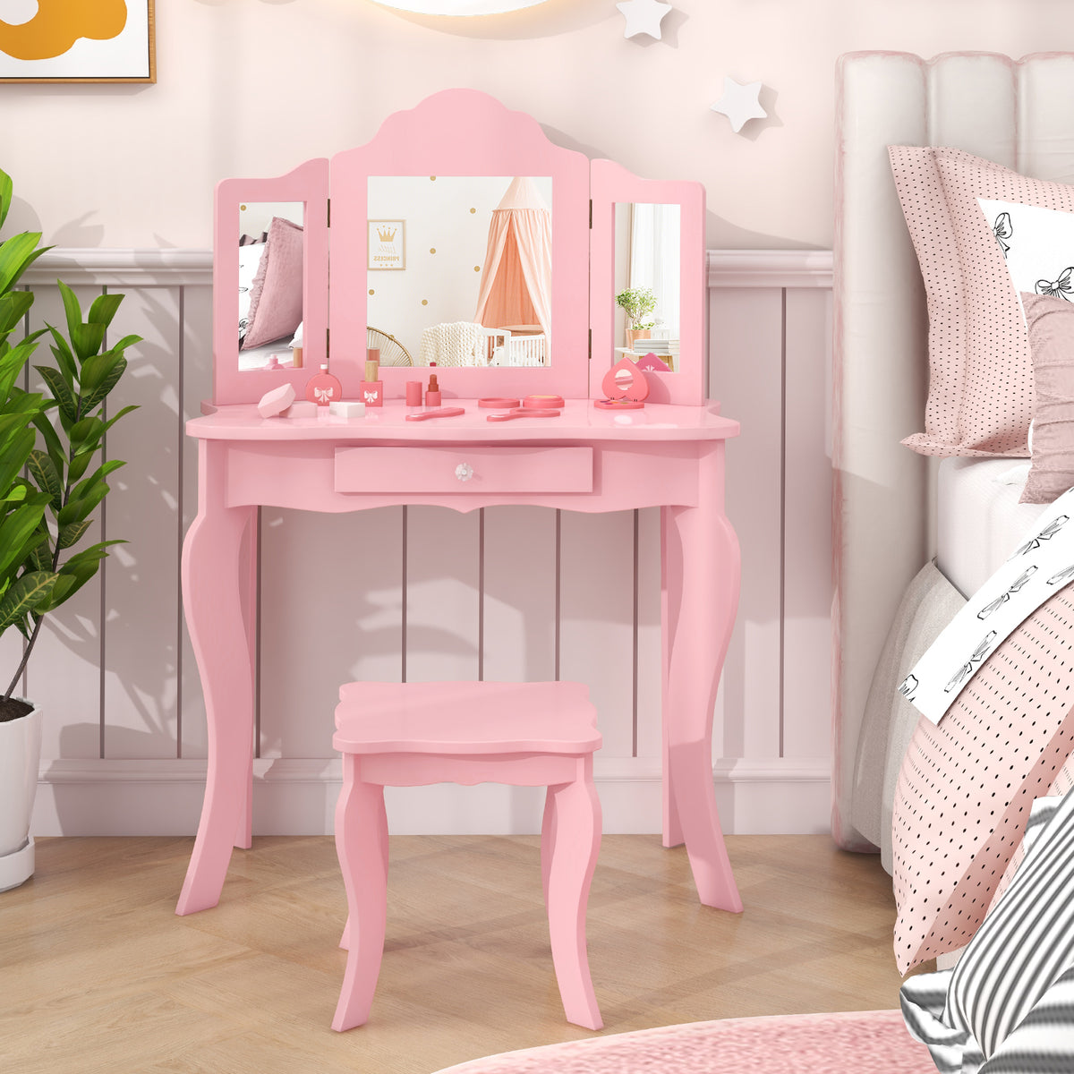 Wooden Vanity Table with Tri-Folding Mirror and Stool for Kids, Writing Table with Detachable Top and Large Capacity Drawer