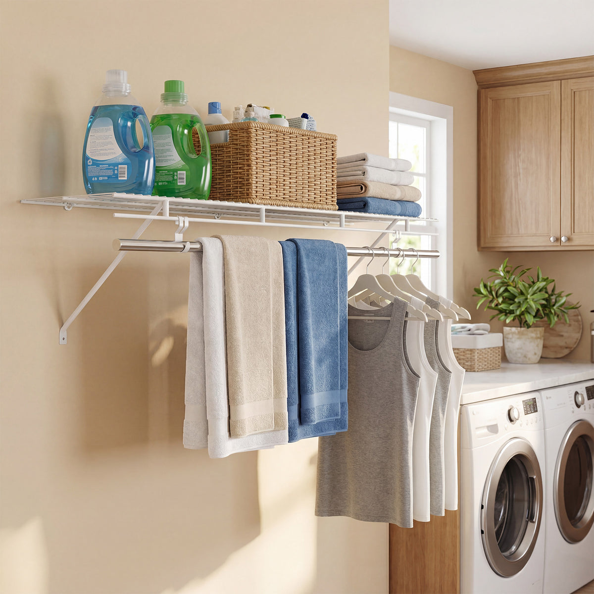 Wall Mounted Closet Shelf with Hanging Rod, 4 ft x 12” Metal Wire Storage Shelf & Clothes Rod Organizer