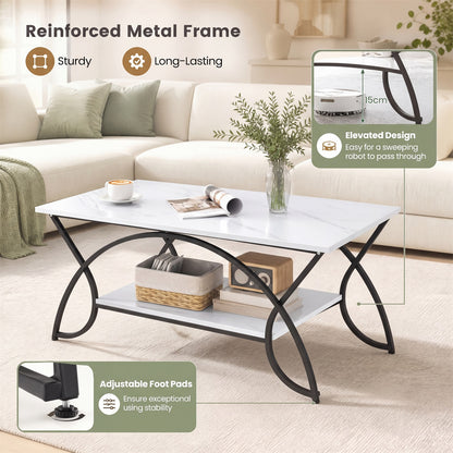 Industrial Coffee Table, 2-Tier Rectangular Center Table with Storage Shelf