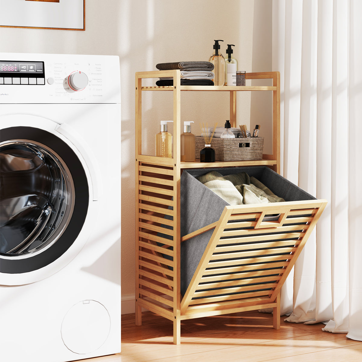 Tilt-out Laundry Hamper with 2-Tier Shelves, Bamboo Laundry Baskets Organizer with Removable & Foldable Fabric Liner