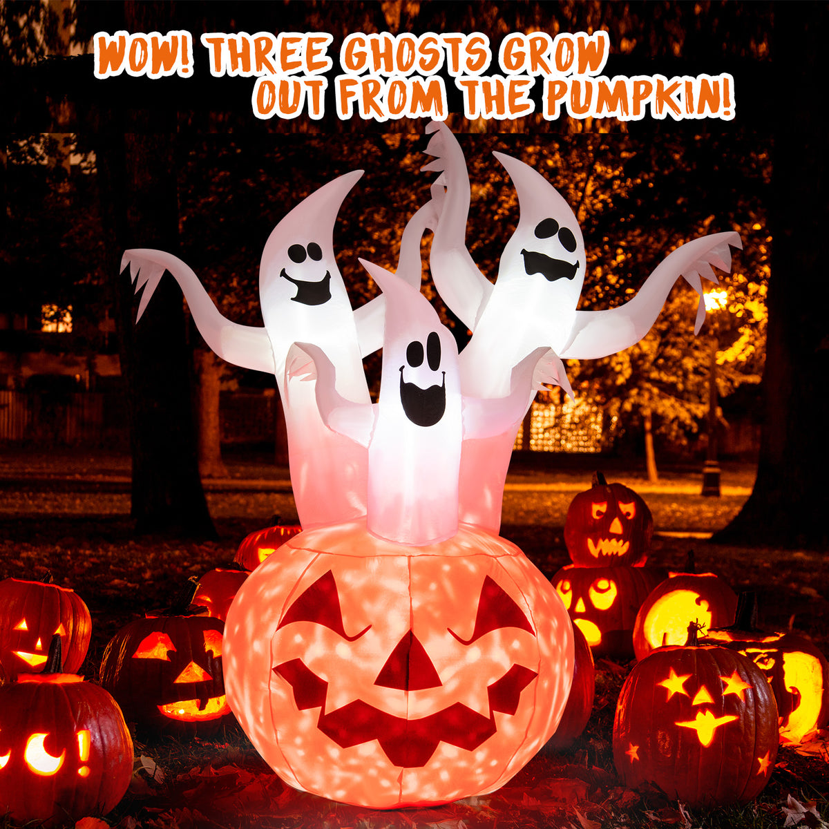 6FT Halloween Inflatable 3 Ghosts in Pumpkin, Blow Up Yard Decoration with Built-in LED Lights & Blower