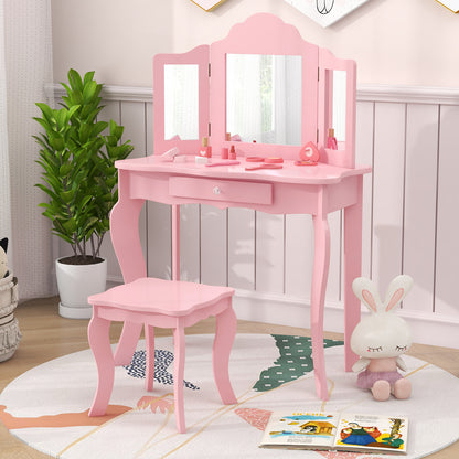 Wooden Vanity Table with Tri-Folding Mirror and Stool for Kids, Writing Table with Detachable Top and Large Capacity Drawer