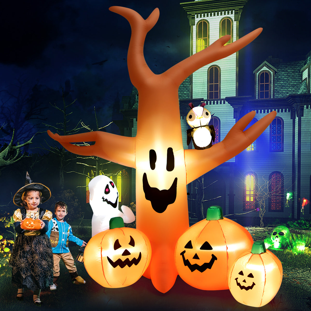 8 FT Halloween Inflatable Dead Tree with Pumpkins, Ghost and Owl, Blow up Yard Scary Tree with Bright LED Lights