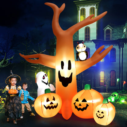 8 FT Halloween Inflatable Dead Tree with Pumpkins, Ghost and Owl, Blow up Yard Scary Tree with Bright LED Lights