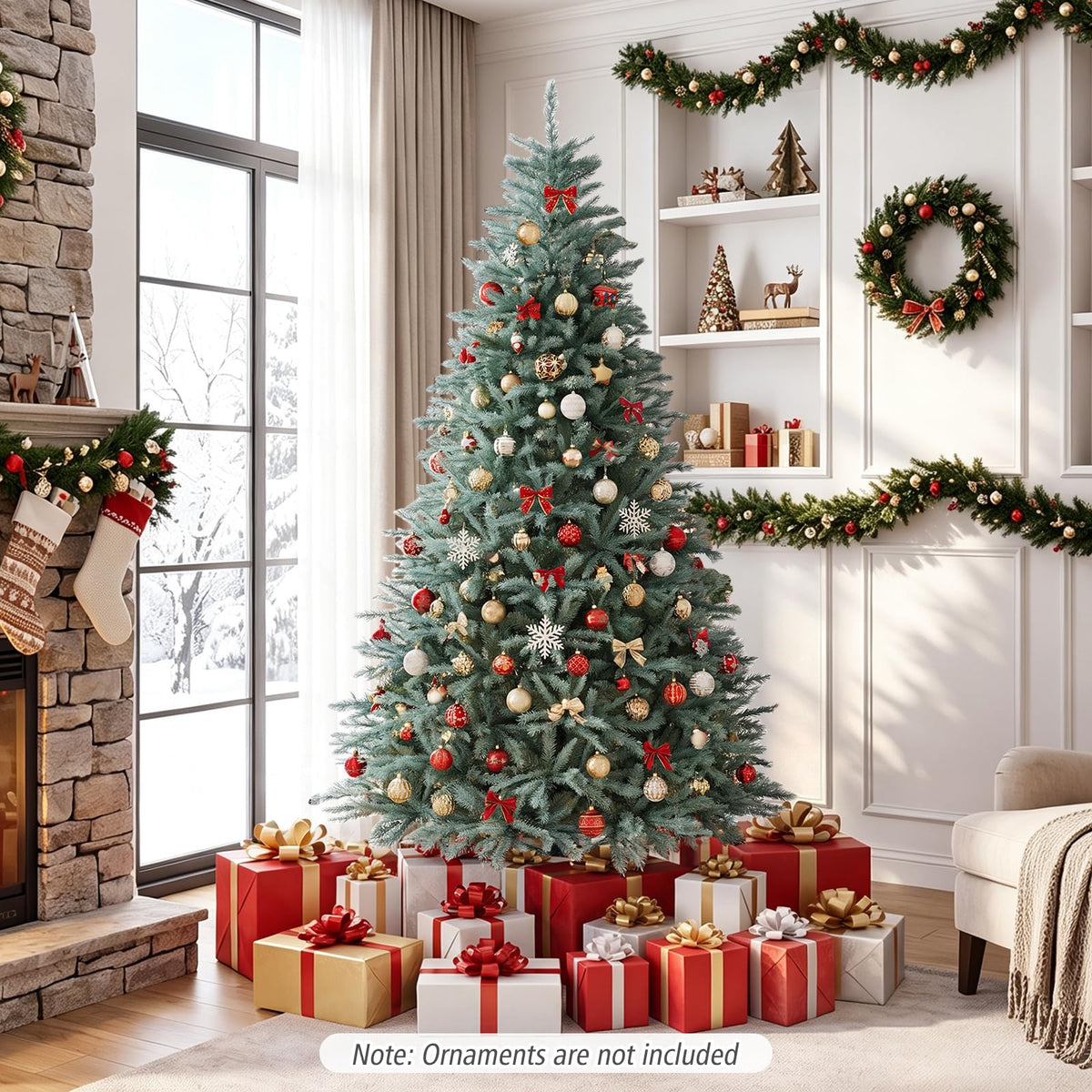 GOFLAME 6FT/7FT/8FT Artificial Christmas Tree Hinged Unlit Xmas Tree Blue-Green