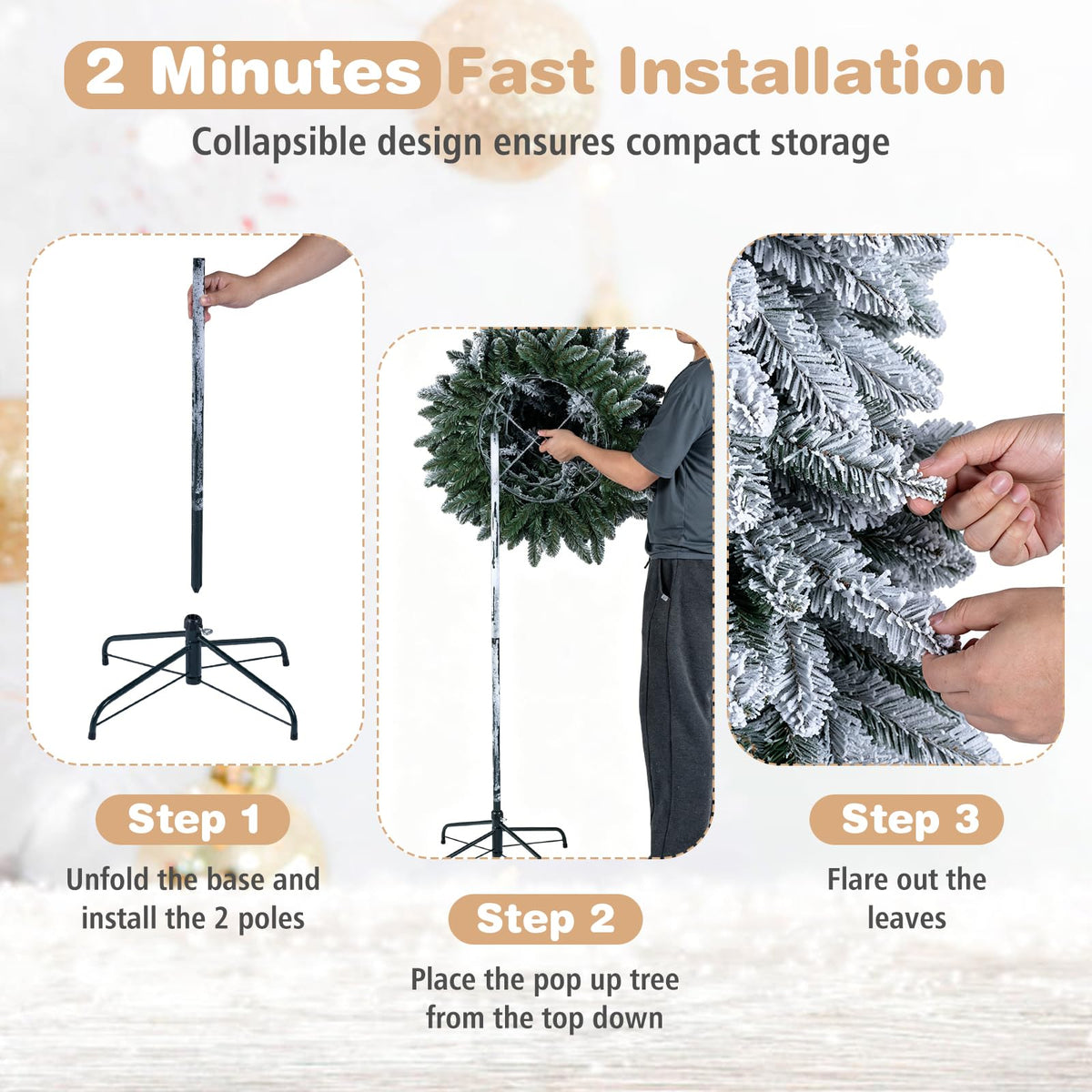 GOFLAME 6FT/7FT Pop Up Christmas Tree | Snow Flocked Collapsible Xmas Tree