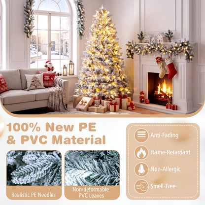 GOFLAME 6FT/7FT Pre-lit Half Christmas Tree | Snow Flocked Artificial Xmas Tree
