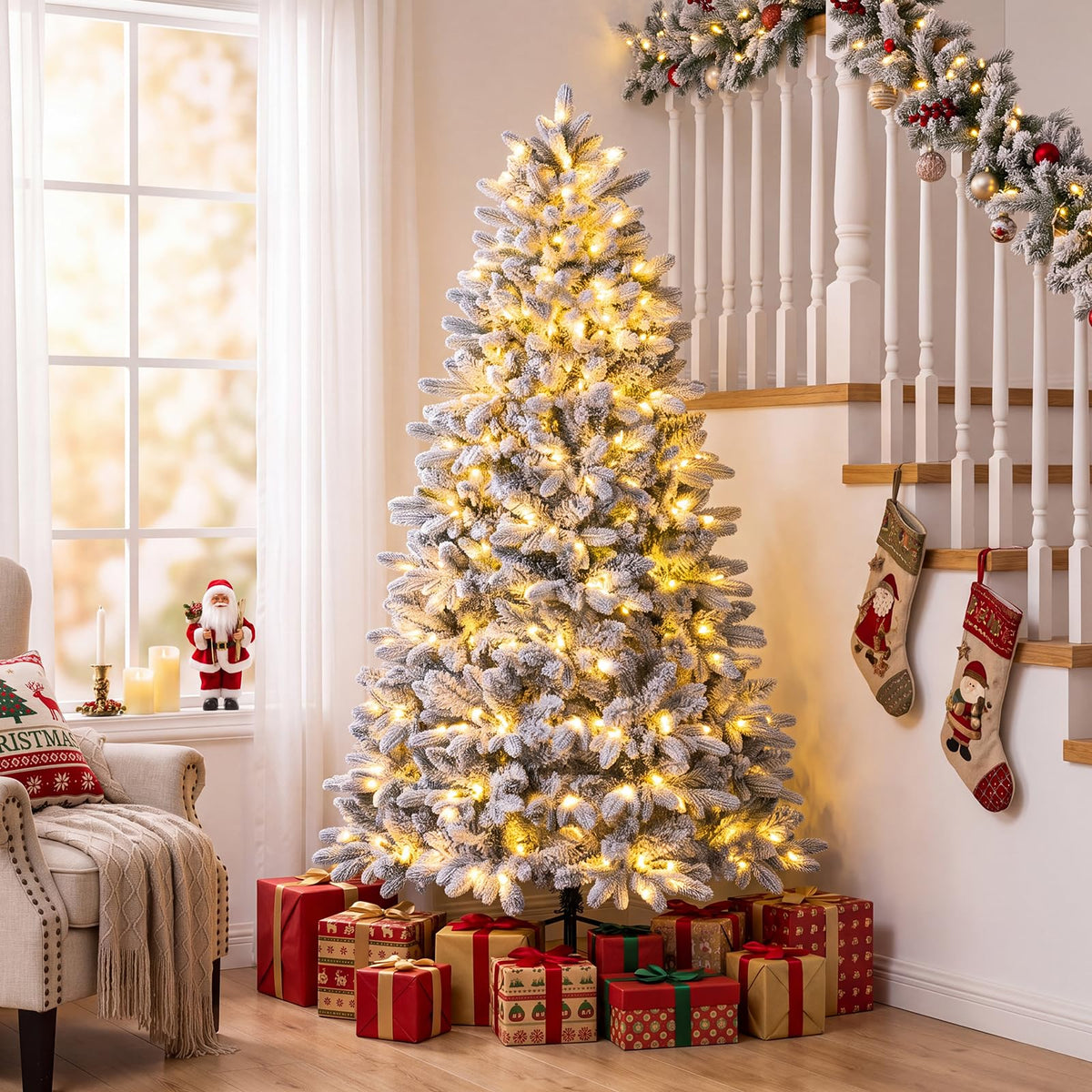 GOFLAME 6FT/7FT Pre-lit Half Christmas Tree | Snow Flocked Artificial Xmas Tree