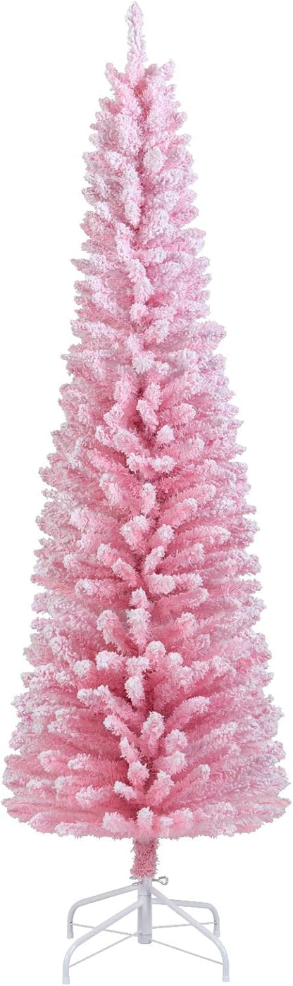 Goflame 5ft / 6ft Pink Slim Pencil Christmas Tree | Snow Flocked Skinny Xmas Full Tree