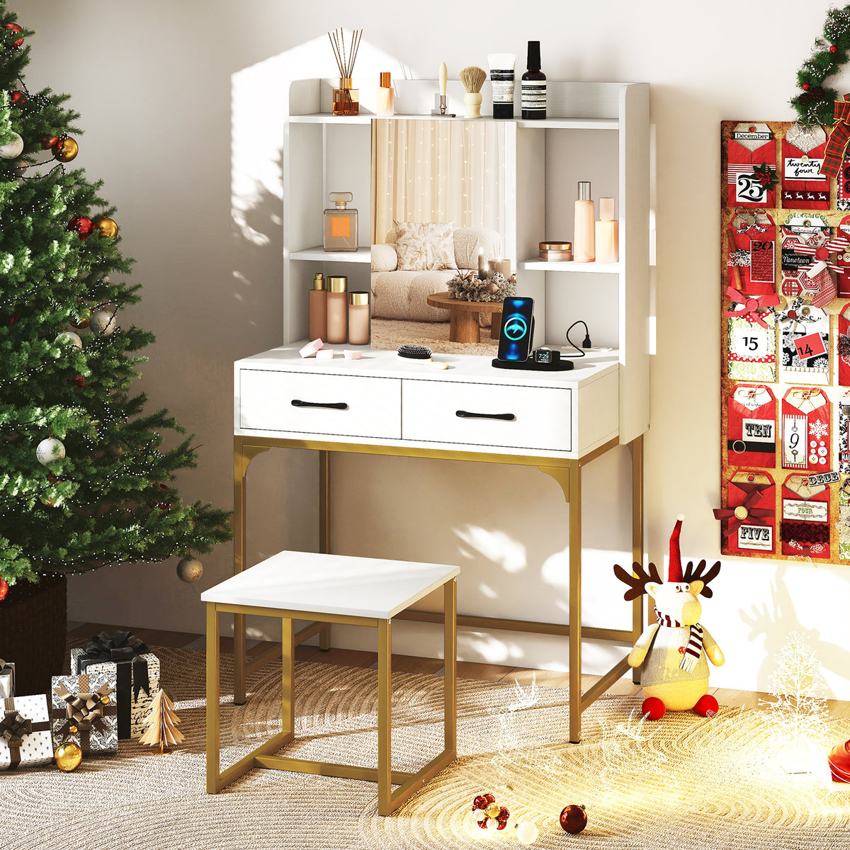 Vanity Desk Set with Charging Station, Modern Dressing Table with Mirror Cabinet