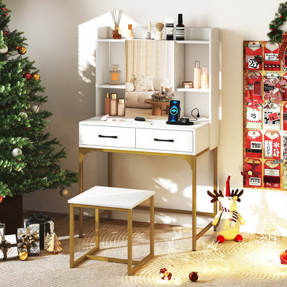 Vanity Desk Set with Charging Station, Modern Dressing Table with Mirror Cabinet