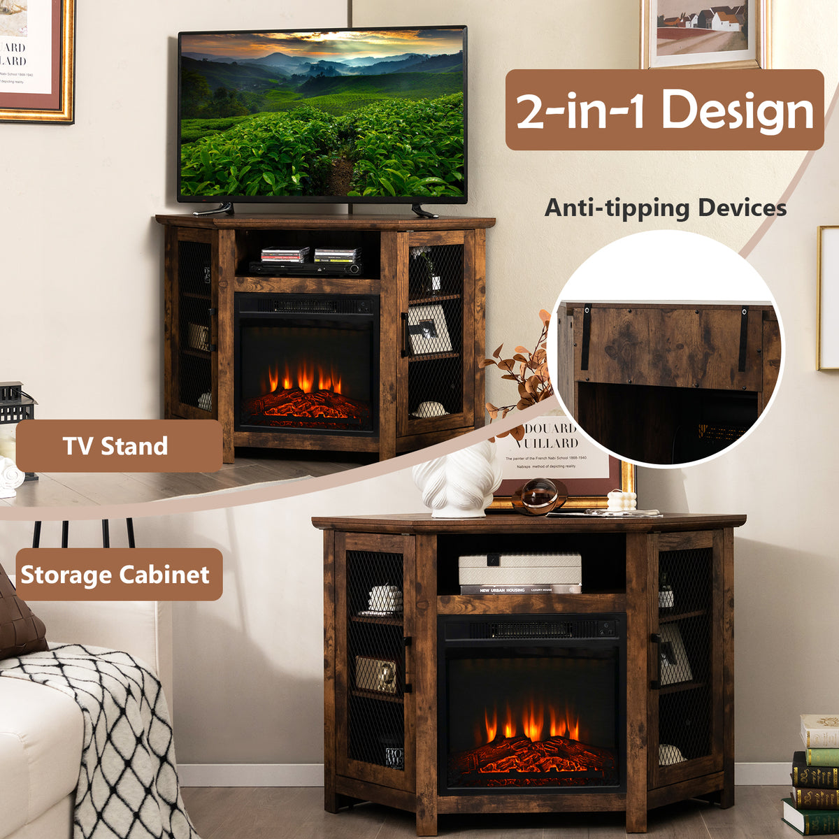 Corner Fireplace TV Stand with LED Lights for TVs up to 50”, Modern Entertainment Center with Electric Fireplace