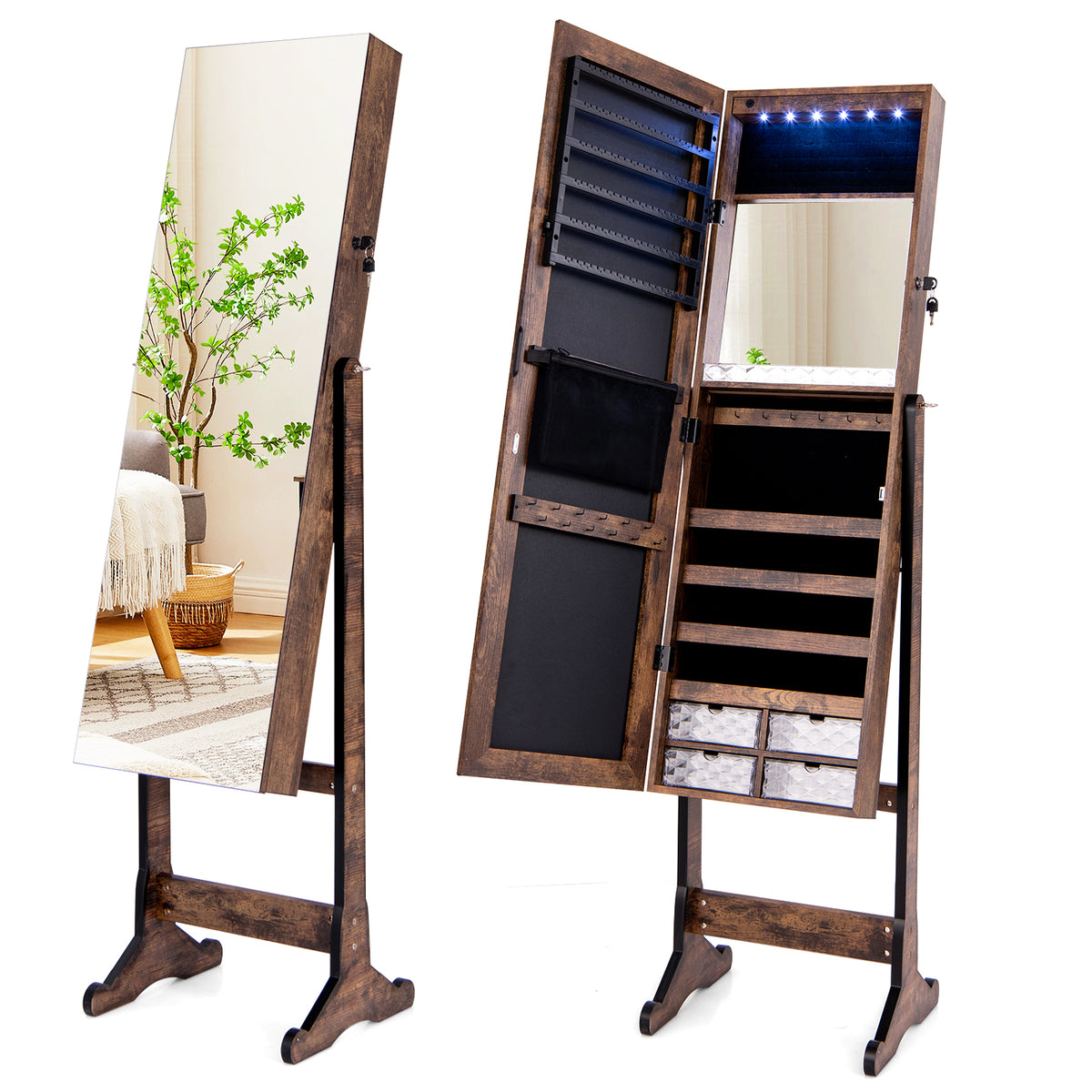 Jewelry Cabinet Freestanding, Lockable Jewelry Armoire Organizer with Full-length Frameless Mirror