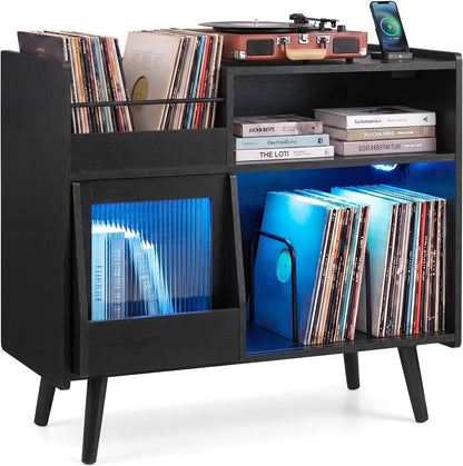 Goflame Large Record Player Stand with LED Light& Sliding Door