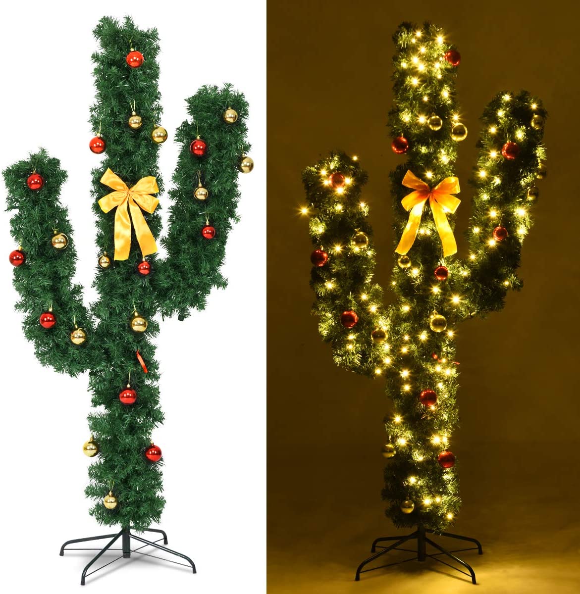 Pre-Lit Artificial Cactus Christmas Tree with LED Lights and Ball Ornaments - Goflame