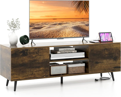 Goflame TV Stand with Power Outlet for TVs up to 60'', Entertainment Center with Cable Hole, Cabinets