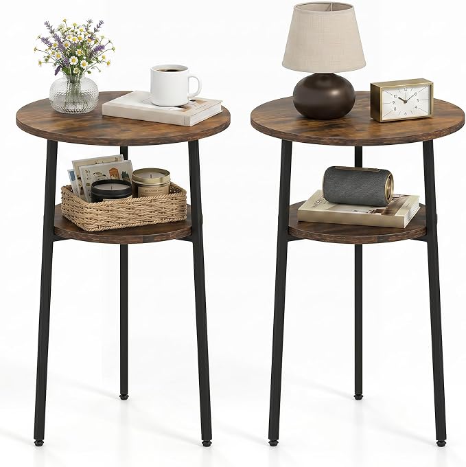 Goflame Round Side Table, 2-Tier End Table w/Metal Frame | Accent Nightstand Bedside Table w/ Storage Shelf for Small Space Sofa Couch Side