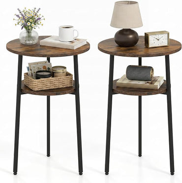 Goflame Round Side Table, 2-Tier End Table w/Metal Frame | Accent Nightstand Bedside Table w/ Storage Shelf for Small Space Sofa Couch Side