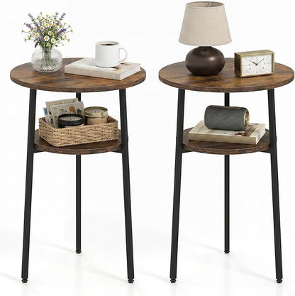 Goflame Round Side Table, 2-Tier End Table w/Metal Frame | Accent Nightstand Bedside Table w/ Storage Shelf for Small Space Sofa Couch Side