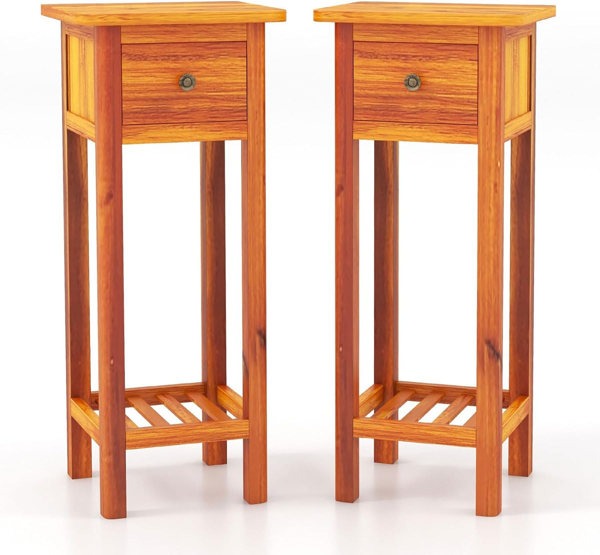 Goflame Narrow End Table with Drawer, Tall Acacia Wood Side Table with Bottom Shelf, Modern Bedside Tables