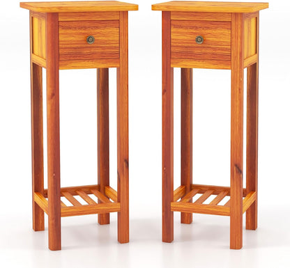 Goflame Narrow End Table with Drawer, Tall Acacia Wood Side Table with Bottom Shelf, Modern Bedside Tables