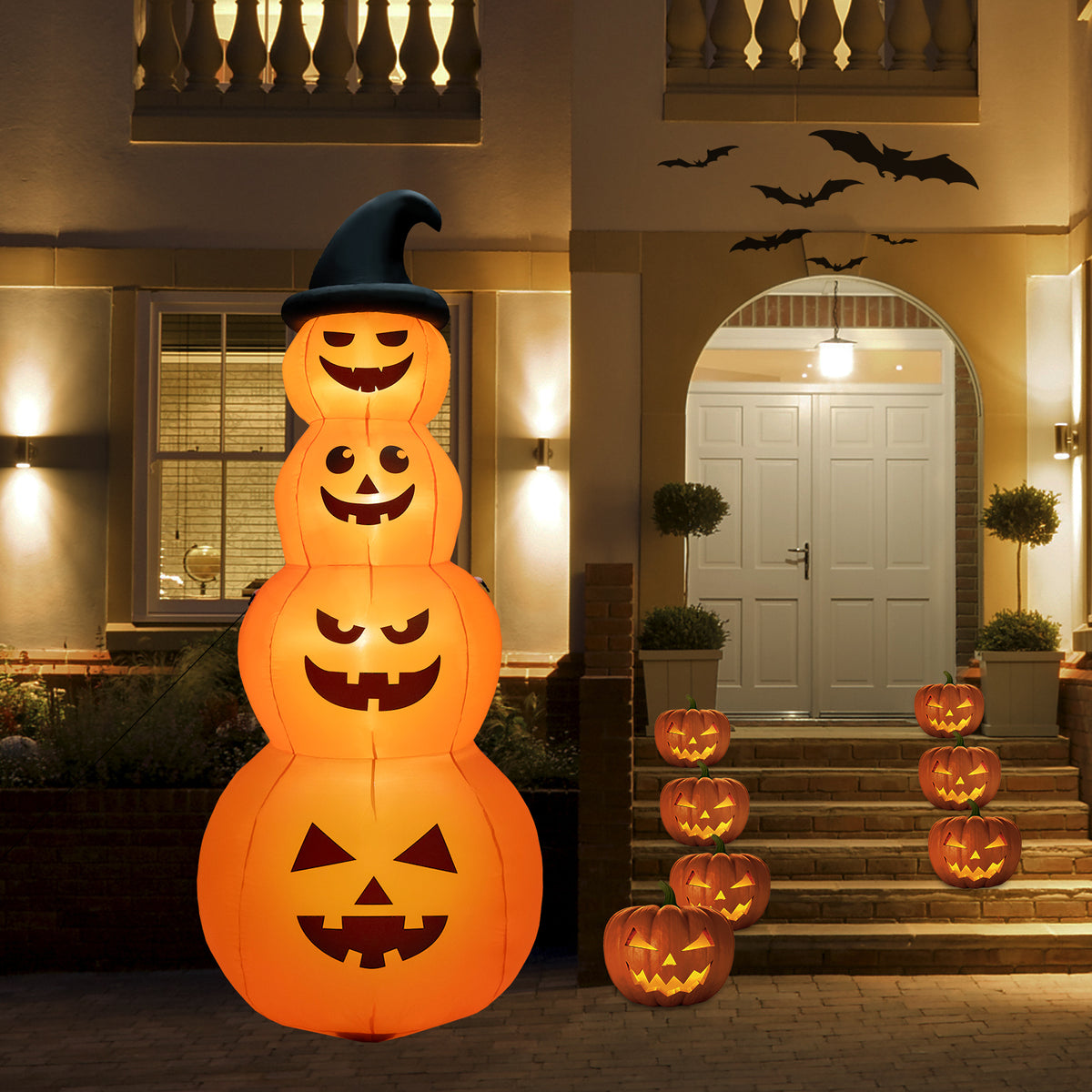8Ft Halloween Inflatable Stacked Pumpkins with Witch Hat, Blow-up Holiday Decoration with Built-in LED Lights