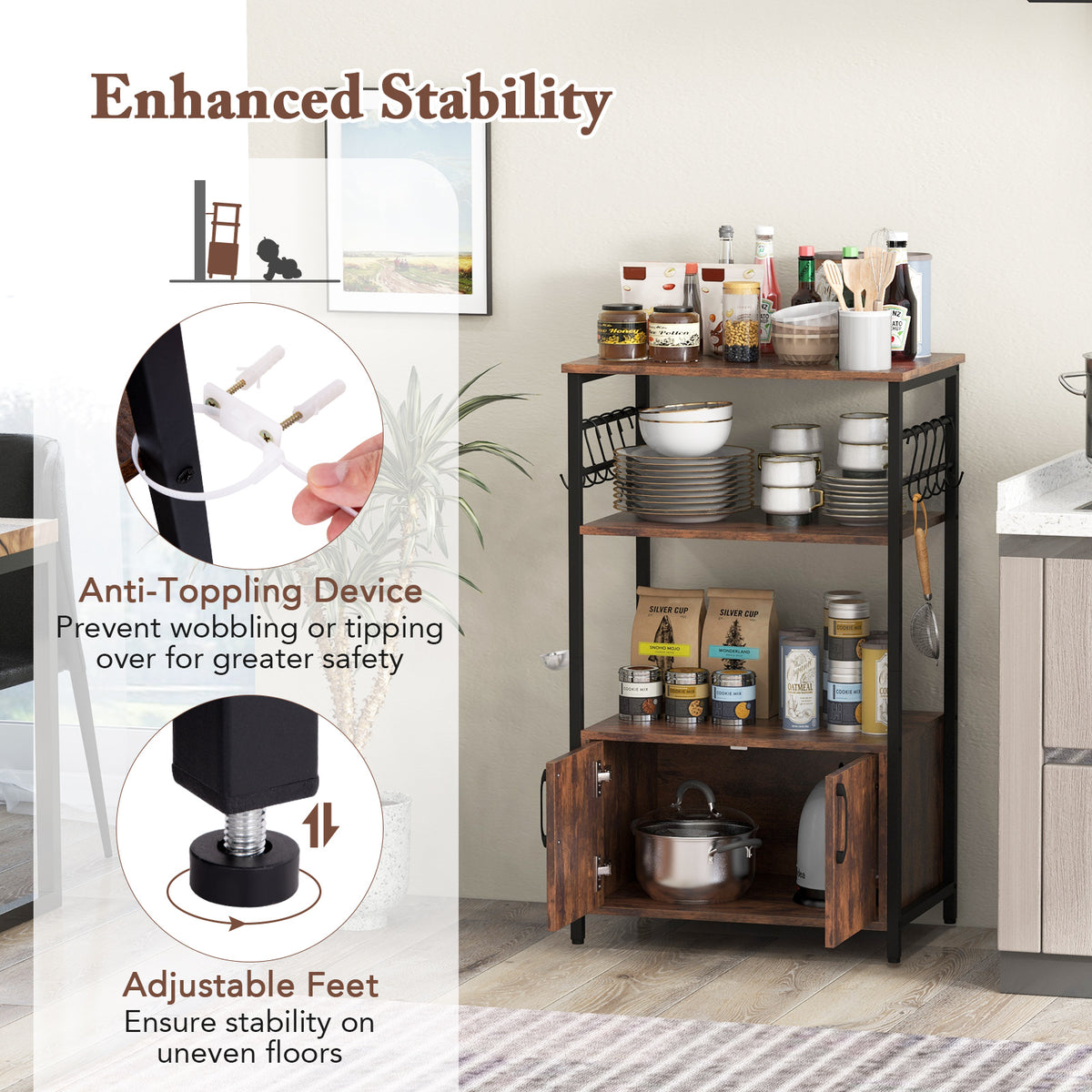 Kitchen Baker's Rack with Cabinet, 3-Tier Pantry Cabinet with 2 Open Shelves